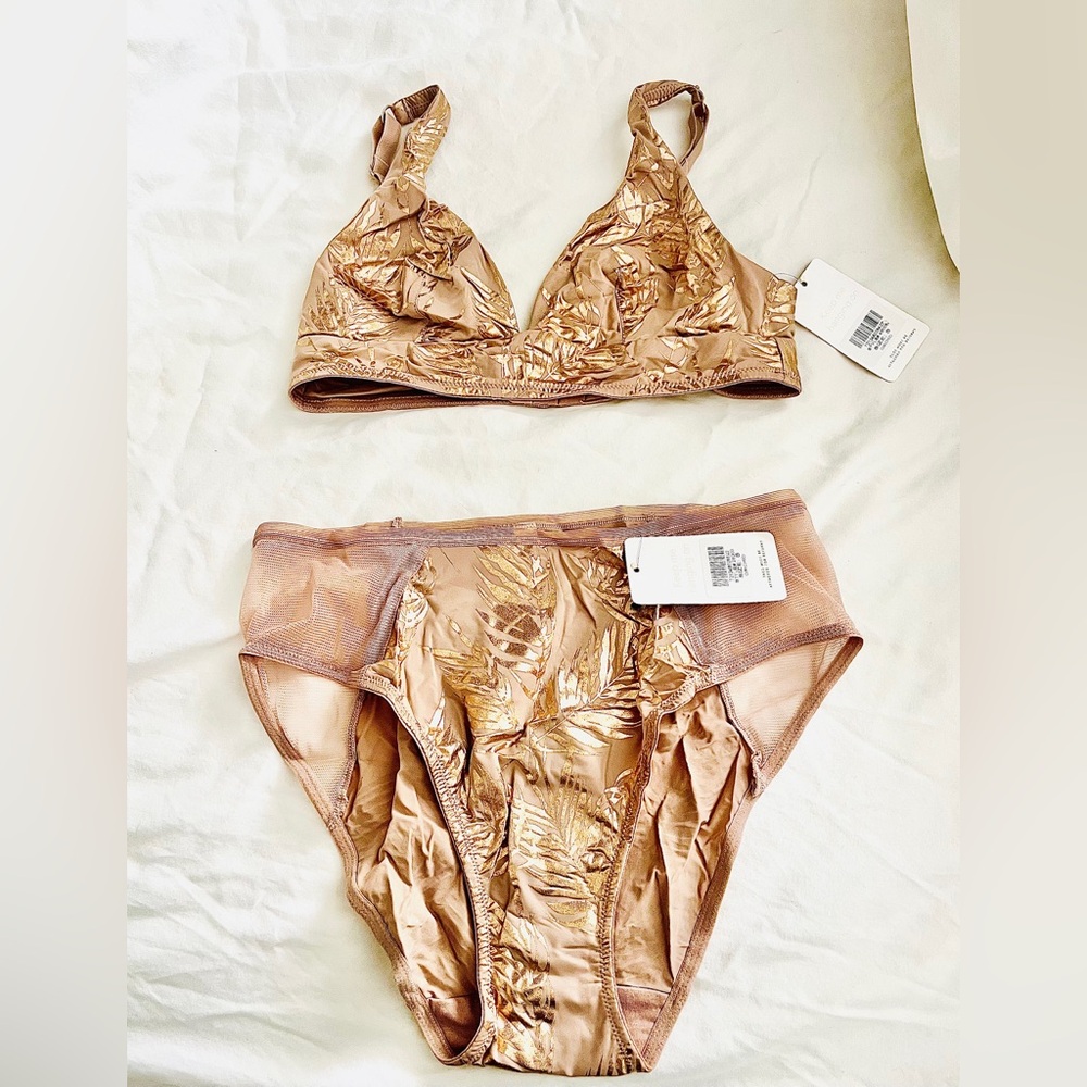 Gold Leaf Palm on Tan Print Lingerie Set - Lively NWT Small